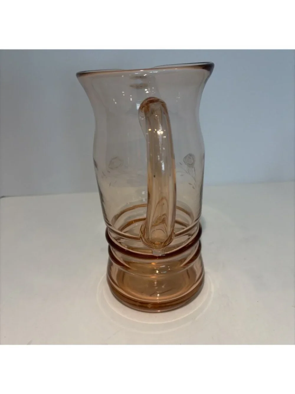 Vintage Pink Depression Glass Etched Pitcher 1 Quart Ribbed Flowers 1930s